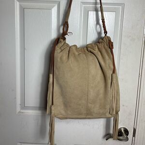 Lucky Brand leather suede Khaki drawstring with sides tassels large shoulder bag